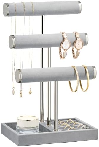 3 Tier Bracelet Holder Display - Detachable T Bar Grey Velvet Bracelet Holder, Jewelry Holder Organizer for Bracelet, Necklace, Earrings, Rings