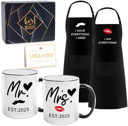 EST 2025 Mr and Mrs Valentine Wedding Gifts for Couples - Ceramic Cups and Aprons - Engagement Party Gift