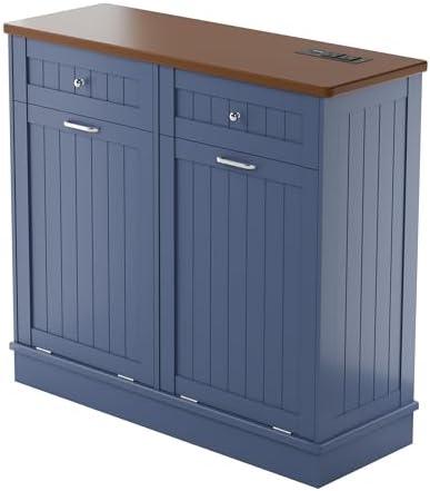 Betterhood Double Tilt Out Trash Cabinet with Power Outlet, 10 Gallon Trash Cabinet with Storage,Pet Proof Trash Can with 2 AC & USB Sockets for Kitchen,Living Room (Blue)