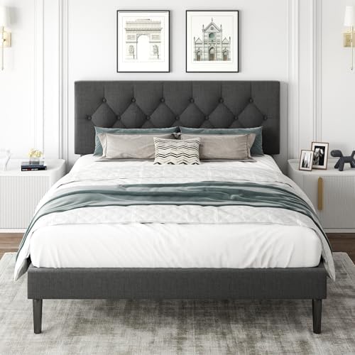 Queen Size Platform Bed Frame with Upholstered Headboard, Button Tufted Design, Strong Wooden Slats, No Box Spring Needed, Easy Assembly, Noise Free