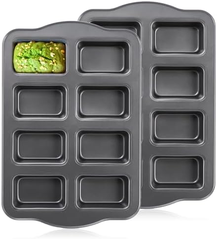 Lawei 2 Pack 8 Cavity Mini Loaf Pan, Non-Stick Small Bread Loaf Pans, Rectangle Carbon Steel Baking Loaf Pans for Corn Bread, Little Banana Breads, Cheesecake, Mini Brownie Pan