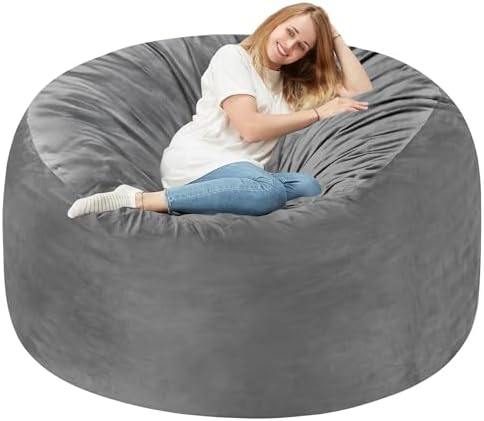 Homguava 5FT Bean Bag Chair Giant BeanBag with Memory Foam Filled, Comfy Bean Bag Chairs for Adults, Adult Bean Bag Chair with Dutch Velvet Cover for Living Room Bedroom-Grey