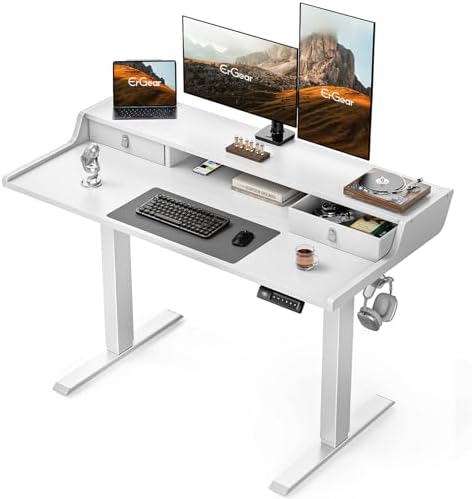 ErGear Electric Standing Desk with Drawers, 48″ x 24″ Gaming Table Compatible Monitor Stand, Stand up Desks, Home Office Height-Adjustable Desk with Storage Shelf, 4 Preset Heights, White