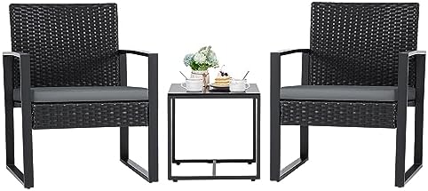 Flamaker 3 Pieces Patio Set Outdoor Wicker Furniture Modern Bistro Rattan Chair Conversation Sets with Coffee Table for Yard (Grey)