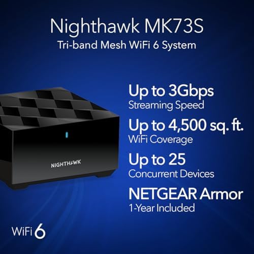 NETGEAR Nighthawk Tri-Band Whole Home Mesh WiFi 6 System (MK73S) – Router + 2 Satellite Extenders - 3Gbps Speed - Coverage up to 4,500 sq. ft., 25 Devices - Includes 1-Year Armor – AX3000 802.11ax