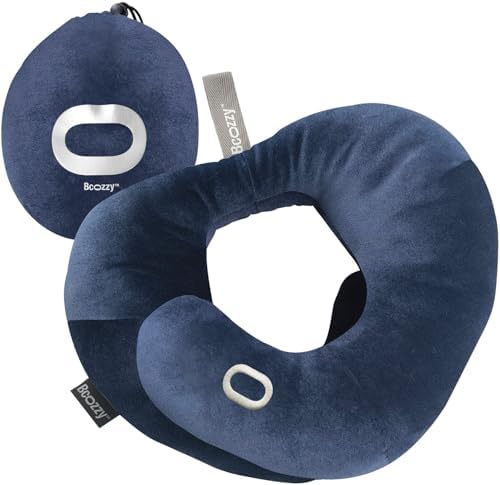 BCOZZY Travel Neck Pillow for Airplane – Patented Flat-Back Design with Ultra-Soft Velour – Adjustable Head, Neck & Chin Support – Best for Long Flights, Plane Sleeping – Washable – Large, Navy