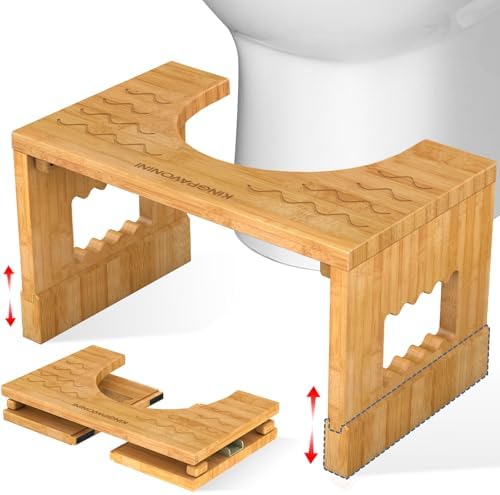 KingPavonini Bamboo Toilet Stool Squat 7in & 9in Heights Adjustable, Foldable Poop Stool for Adult, Potty Stool for Bathroom with Non-Slip Grooves Portable, Space-Saving, 400 lbs Capacity