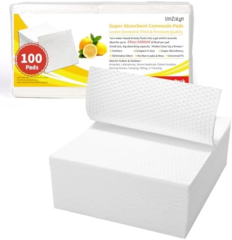 Lemon Scented Absorbent Pads for Commode, 100 Pcs, Light Scent Commode Pads for Bedside Commode Liners, Medical Grade, Disposable, Simple for Camping, Seniors and Disabled