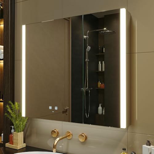 KWW LED Lighted Bathroom Medicine Cabinet with Sockets & USBs, Defogger, Dimmable, 3 Color Light Makeup Mirror, Easy to Install, Wall Mounted Cabinet (31.5 * 28)
