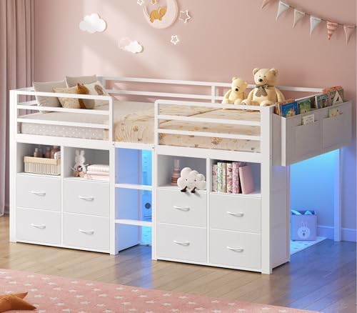 ADORNEVE Low Loft Bed Twin Size with 8 Storage Drawers, Twin Loft Bed with Bookcase and LED Lights, Metal Kids Loft Bed with 14" H Safety Guardrail, Under-Bed Play Space, No Box Spring Needed, White