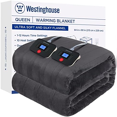Westinghouse Electric Blanket Queen Size, Super Cozy Soft Flannel 84"" x 90"" Heated Blanket with 10 Fast Heating Levels & 1-12 Auto-Off, Machine Washable, ETL&FCC Certification, Charcoal