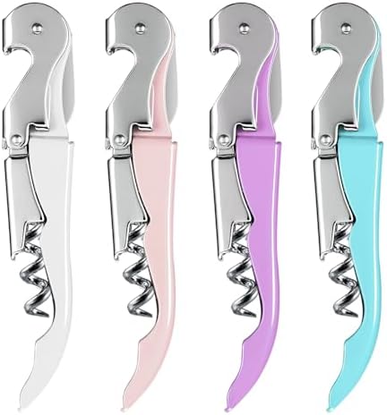 HYZ 4-Pack Wine Opener Waiter Corkscrew, Professional Wine Key for Servers, Bartender with Foil Cutter, Manual Wine Bottle Opener Double Hinged (White,Pink,Purple,Aqua Blue)