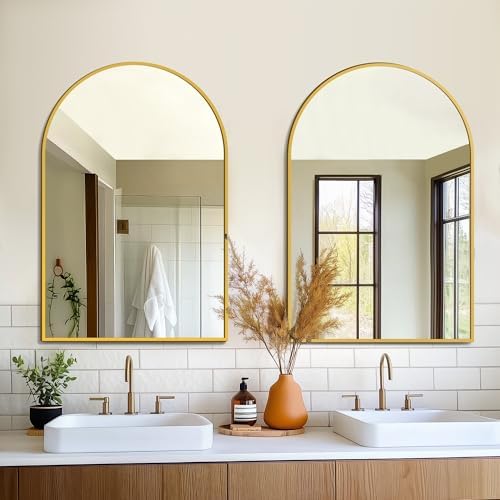 FICTOR Bathroom Vanity Mirror for Wall,2 Pack 24â€x36â€ Arched Metal Framed Bathroom Mirror for Over Sink, Entryway, Living Room,Bedroom(Gold)