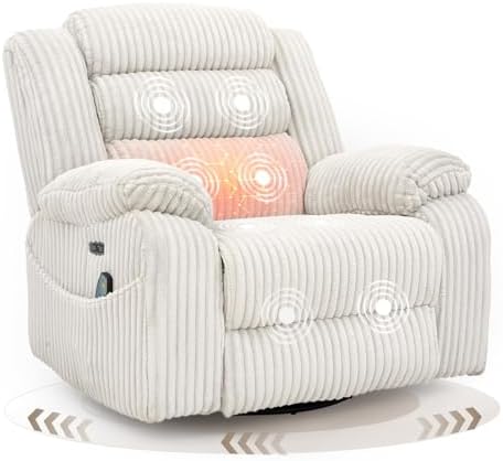 Power Swivel Rocker Recliner Chair for Adults with Massage and Heat, USB and Type-C Charging Port, Infinite Position, Electric Glider Rocking Chairs for Living Room, Nursery, Pale Grey