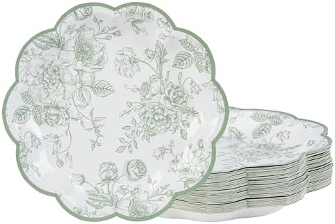 Sage Green Floral Party Plates Vintage Floral Leaf Disposable Paper Plates Wildflower Green Toile 7" Scalloped Rim Dessert Plates for Christmas Birthday Bridal Tea Party Supplies (48, Green Floral)