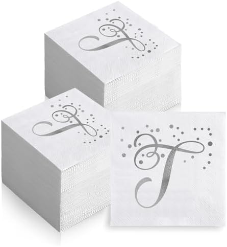 200 Pack Disposable Monogrammed Cocktail Napkins Silver Foil Letter T Paper Napkins Initial Beverage Napkin for Wedding Birthday Party Baby Shower Holiday Dinnerware Table Decor