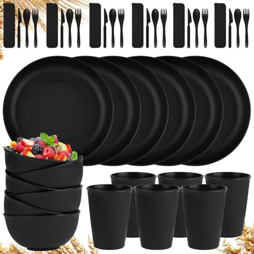 42-Piece Wheat Straw Dinnerware Sets,Unbreakable Plates and Bowls Set,Dinner Plate/Dessert Plate/Cereal Bowl/Cup for Kitchen,Apartment Essentials, Outdoor Camping,Black