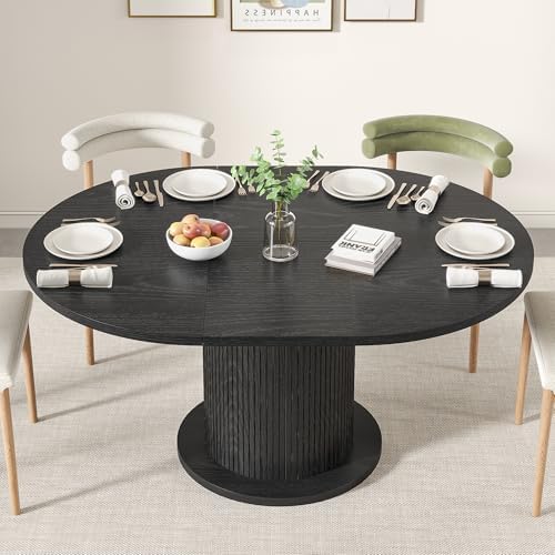 43.3 inch 59 inch Adjustable Size Round Dining Table for 4 6, Unique Design Modern Farmhouse Kitchen Table, Circle Dining Tables with Wood Strip Base for Kitchen Living Room (Black)