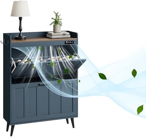 ChooChoo Shoe Storage Cabinet with 2 Flip Drawers, Deodorizing Shoe Organizer Storage for Entryway, Freestanding Hidden Slim Narrow Shoe Rack Cabinet, Blue