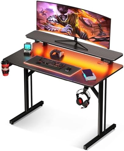 MOTPK 32 Inch Small Gaming Desk with LED Lights, Computer Desk Gaming Table with Monitor Shelf, Gamer Desk with Carbon Fiber Texture, Kids Boys Desk Gift for Men