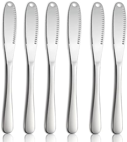 6P Butter Knife, 8.7” silver Butter Spreader, Stainless Steel Butter Knife Spreader, Butter Spreader Knife with Holes and Serrations, Multi-Function Spreader Knives for Butter, Cheese, Jam