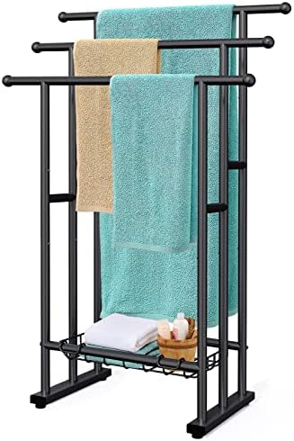 Kayfia 40" H Free Standing Towel Rack, 3 Tier Alloy Steel Stand with Basket, Blanket Drying and Display Rack for Oversized Bath Towels Bathroom Accessories, Next to Tub or Shower (Black)