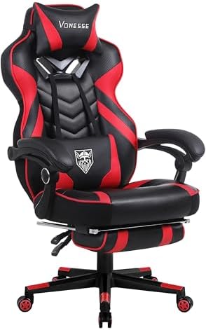 Vonesse Gaming Chair for Adults,Computer Chair with High Back,Big and Tall Gaming Chairs with Footrest and Massage,Reclining Gamer Chair(Red/Black)