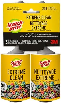 Scotch-Brite Extreme Clean Lint Roller, 50% Stickier*, Heavy Duty for Removing Debris and Pet Hair on Clothes, Furniture, Cars, Offices & More, 2 Pack, 200 Adhesive Sheets Total