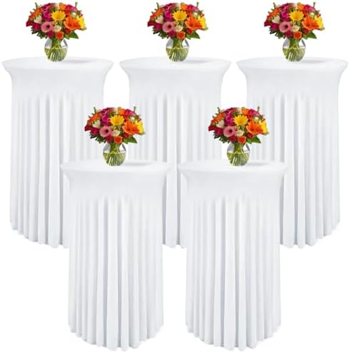 5 Pack Round Spandex Cocktail Tablecloths with Skirt - Stretch Table Covers for High Top Bar, Wedding, Party, Banquet (White, 32 x 43 Inch)