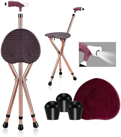 Folding Cane Seat Sturdy Lightweight Adjustable Handle Legs with LED Light Cushion for Elderly Walking Stick 300 lbs Large Plate