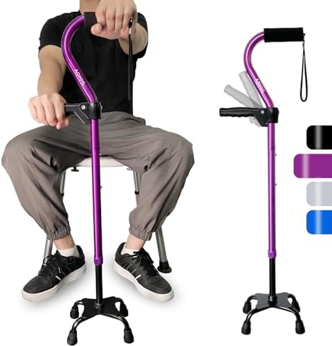 AOHHL Quad Walking Cane Foldable Adjustable Portable Stick Men & Women and Seniors - Lightweight & Sturdy with 4-Pronged Base for Extra Stability Balance,Self Standing Gifts for mom Dad