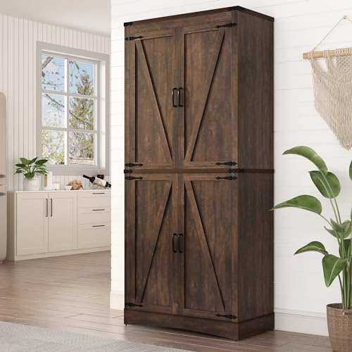 71in Farmhouse Kitchen Pantry Cabinet,Tall Storage Cabinet with 4 Doors and Adjustable shelves,with Load-Bearing Steel Pipe,Wood Storage Cabinets for Kitchen,Dining Room,Bathroom(Brown)
