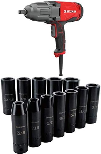 CRAFTSMAN Impact Wrench, 1/2-Inch, 7.5-Amp with Deep Impact Socket Set, SAE, 1/2-Inch, 12 Pieces (CMEF901 & CMMT15886)