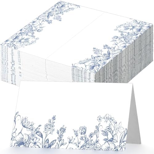 100 Pcs Blue Floral Place Cards 3.5" x 2" Chinoiserie Blue White Flower Tented Name Cards Blank Table Name Sign for Wedding Baby Shower Party Banquet Table Setting Supplies