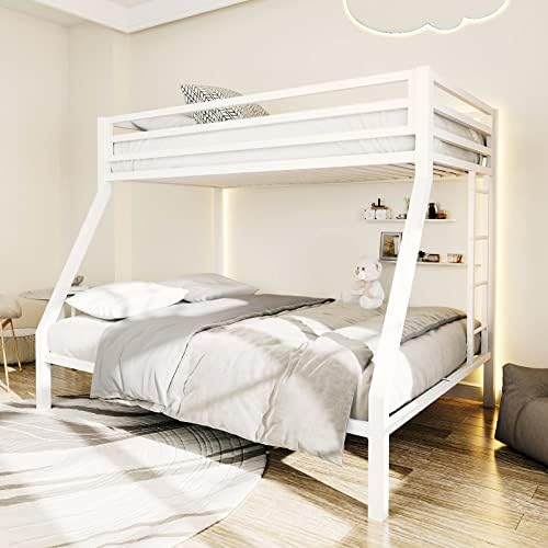 ikalido Metal Loft Bunk Bed Twin Over Full Size with Safety Guardrail and Ladder, No Box Spring Needed Space Saving Bedroom Furniture, Cream White