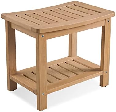Psilvam Poly Lumber Shower Bench, Shower Stool with Storage Shelf, Water Resistant & Non-Slip Design Shower Seat for Bathroom, Living Room, Bedroom 21 1/4"×14"×18 1/2"（Teak Color）