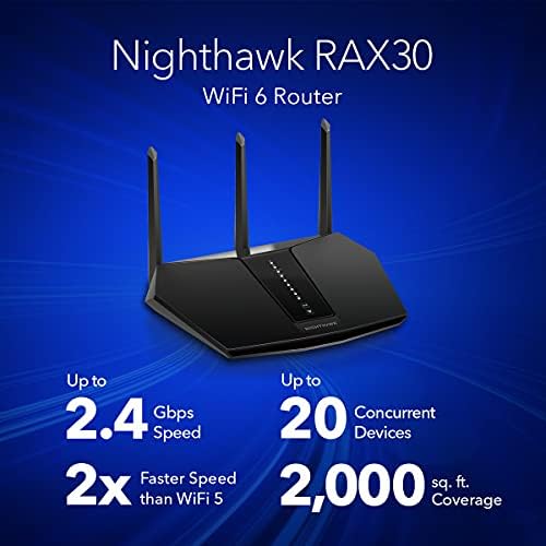 NETGEAR Nighthawk WiFi 6 Router (RAX30) 5-Stream Dual-Band Gigabit Router, AX2400 Wireless Speed (Up to 2.4 Gbps), Coverage Up to 2,000 sq.ft. and 20 Devices (Renewed)