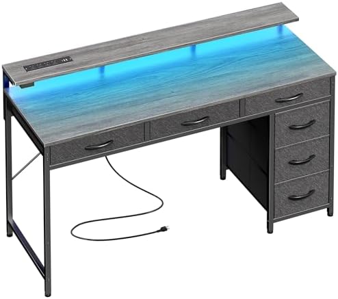 Huuger Gaming Desk with 6 Drawers, Computer Desk with LED Lights Power Outlets and Type-C, 47 Inch Office Desk with Storage, Monitor Stand, Writing Desk Work Desk for Home Office, Bedroom, Study, Grey