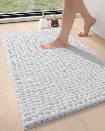 DEXI Bathroom Rugs 17x30, Non Slip Washable Bath Mat, Luxury Chenille Super Absorbent Thick Bathmats for Shower Floor, Plush Fluffy Shaggy Carpet for Tub, White