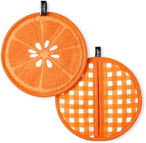 kate spade new york Squeeze The Day and Spring Gingham Pot Holder 2-Pack Set, Heat Resistant, 100% Cotton, Orange, 8"