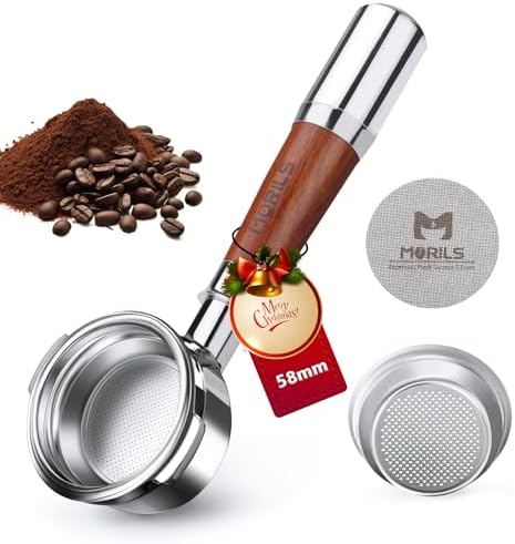 58mm Bottomless Portafilter with Double Shot Filter Basket & Premium Walnutwood Handle, Portafilter Compatible with All Breville 58mm Machines, Espresso Accessories(Puck Screen)