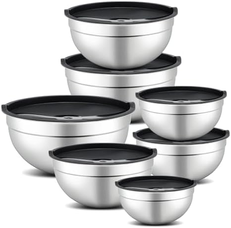 7 Piece Mixing Bowl Set, Mixing Bowls with Lid, Stainless Steel Mixing Bowls for Baking, Size 0.7, 1.1, 1.5, 2.1, 3.5, 4, 4.5QT, Baking Bowl for Food Preparation, Mixing and Serving Foods