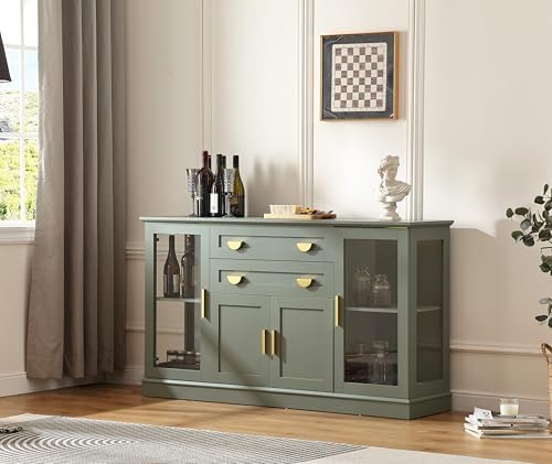 58.27'' Buffet Cabinet with 2 Drawers and Adjustable Shelves,Large Glass Door Coffee Bar Cabinet,Modern Farmhouse Sideboard Credenza for Kitchen,Green
