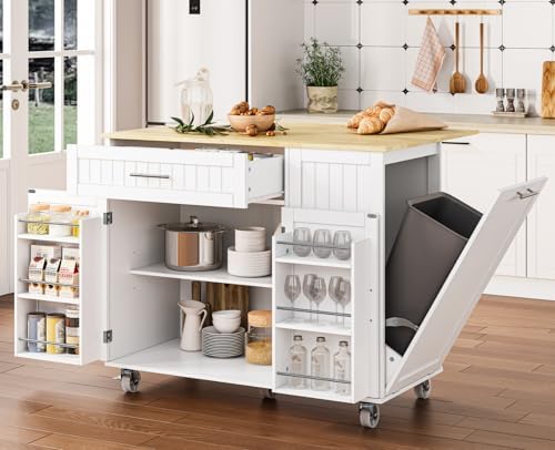 Kitchen Island with Storage, 31.5" D Rolling Kitchen Island Cart on Wheels with Widen Drop Leaf Rubberwood Top, Large Mobile Kitchen Islands with Trash Can Storage and Towel Bar, White