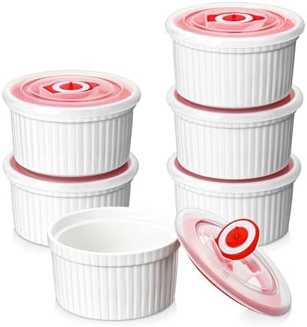 MALACASA Ramekins with Lids 8 oz - Set of 6, White Porcelain Creme Brulee Souffle Ramekins with Covers, Ceramic Custard Cups for Baking, Dishwasher and Oven Safe, Series RAMEKIN-DISH