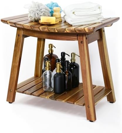 Acacia Shower Stool Bench for Inside Shower and Bath, 24-Inch Shaving Shelf, Waterproof Seat for Adults & Seniors