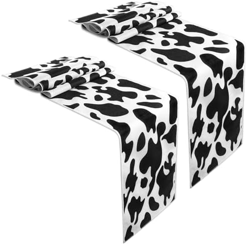 2 Pcs Cow Print Table Runner Tablecloth 13x72 in Cow Print Linens for Picnic, Black and White Cowprint Table Covers Dining Room Kitchen Home Decor, Cows Themed Party Decorations