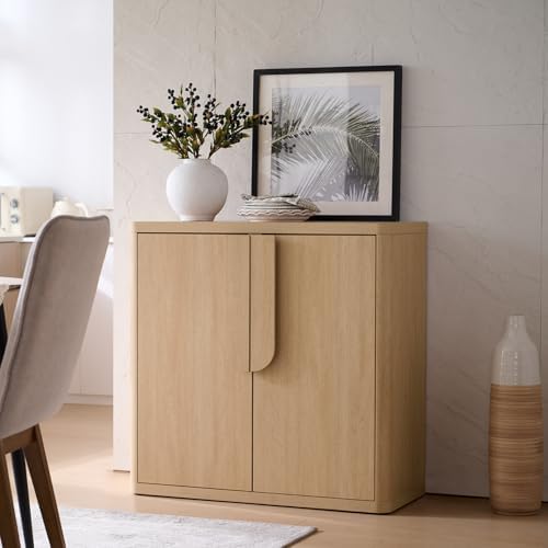 34.5'' Sideboard Buffet Cabinet W/Storage, Modern Accent Cabinets W/Curved Handles & Adjustable Shelves, 4 Doors Coffee Bar Buffet Table Credenza for Living Room Kitchen Hallway, Natural