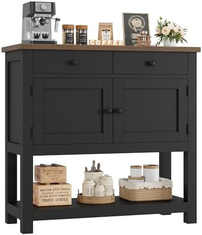 HOSTACK Farmhouse Console Table with 2-Door Cabinet & 2 Drawers, Coffee Bar, Entryway Table with Storage Shelf, Sofa Tables Buffet Sideboard for Kitchen, Hallway, Dining, Living Room, Black