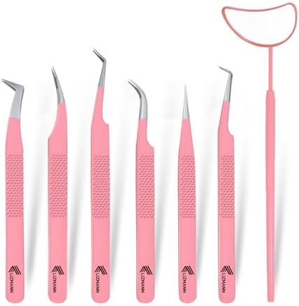 LIZMANN Eyelash Extension Tweezers (Pink Set of 7) – Professional Fiber Tip Lash Tweezers for Classic & Volume Lashes – Anti-Static Japanese Steel